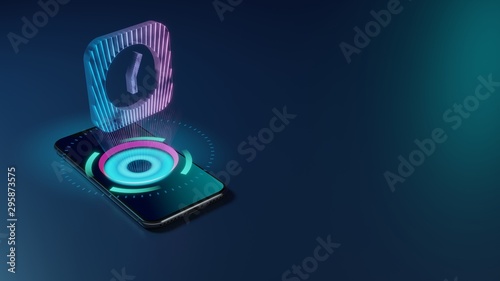3D rendering neon holographic phone symbol of alarm clock icon on dark background