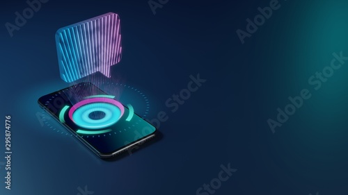 3D rendering neon holographic phone symbol of rectangular chat bubble icon on dark background