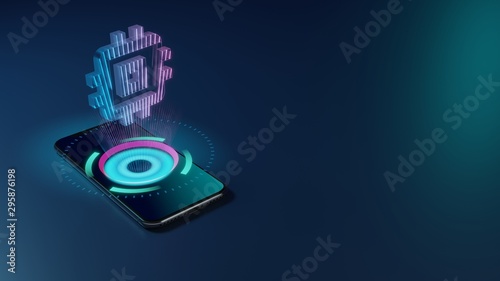 3D rendering neon holographic phone symbol of computer icon on dark background
