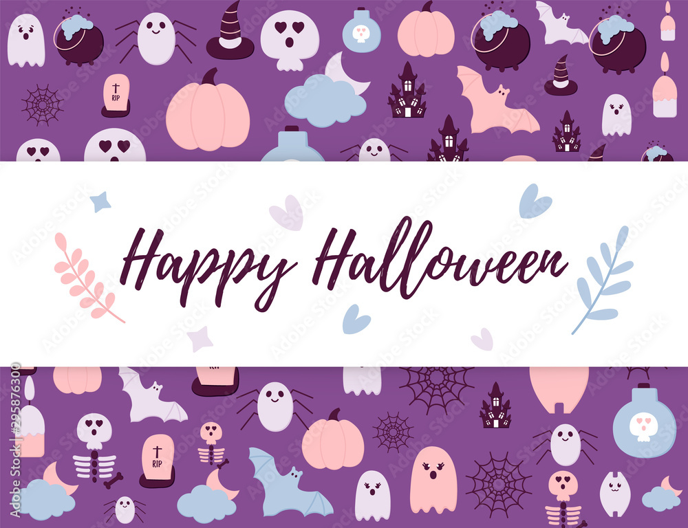 Happy Halloween cute poster with Helloween party icons and text. Pastel Pink Blue color Halloween scary ghost, pumpkin, haunted house, bat, tomb, skull, spider net. Seasonal. Happy Halloween cute poster with Helloween party icons and text. Pastel Pink Blue color Halloween scary ghost, pumpkin, haunted house, bat, tomb, skull, spider net. Seasonal.