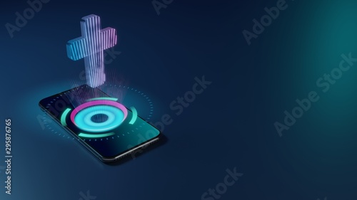 3D rendering neon holographic phone symbol of cross icon on dark background