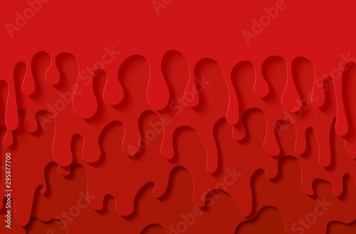 Red slime abstract background in paper cut style. Layers jam of flow down. Viscous liquid flowing down the wall. Papercut silhouette strawberry drops. Vector card illustration.