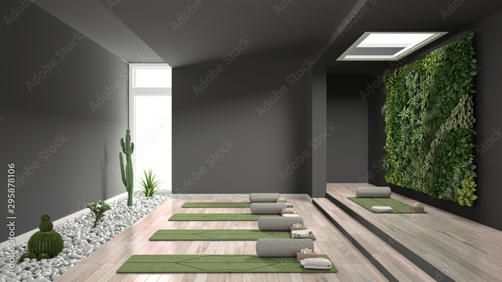 Empty yoga studio interior design, open space with mats, pillows and  accessories, parquet, vertical garden and succulent plants with pebbles,  ready for yoga practice, meditation room Stock Illustration | Adobe Stock