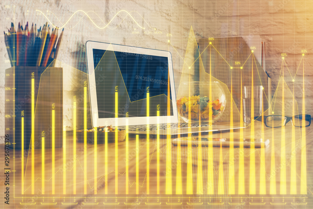 Multi exposure of forex graph and work space with computer. Concept of international online trading. Multi exposure of forex graph and work space with computer. Concept of international online trading.