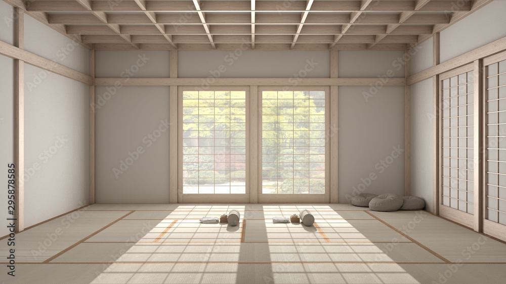 Empty yoga studio interior design, open space with mats, pillows and accessories, tatami, futon, wooden roof, window with zen garden panorama, ready for yoga practice, meditation room