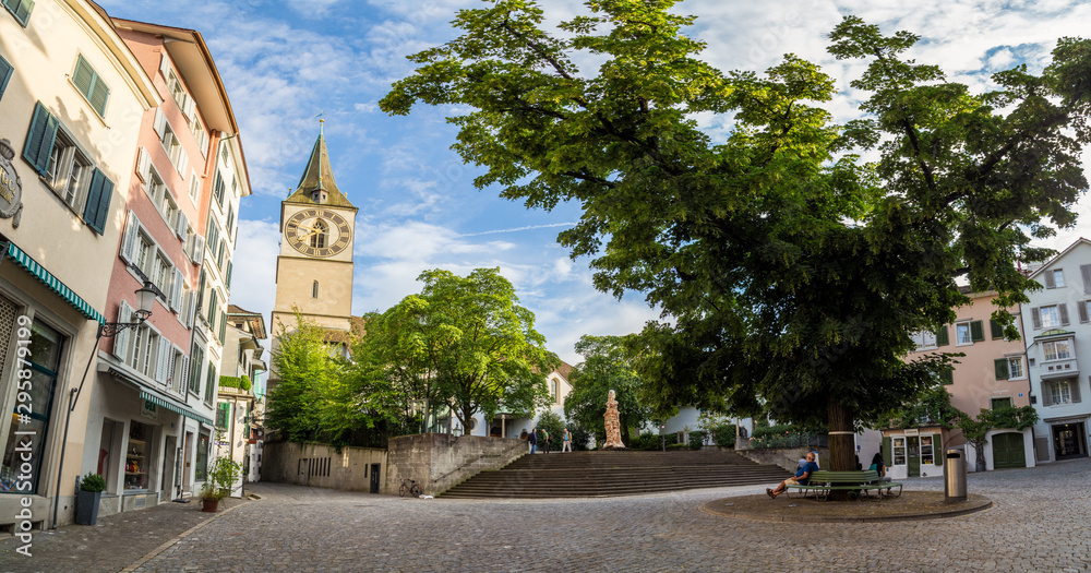 Fototapeta premium Public square in front of St. Peter church in Zurich, Switzerland.