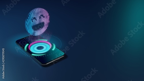 3D rendering neon holographic phone symbol of emoticons goofy  icon on dark background