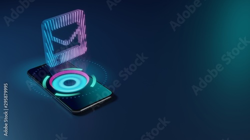 3D rendering neon holographic phone symbol of envelope square icon on dark background