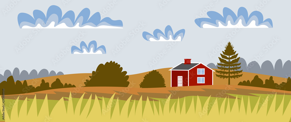 Countryside landscape. Panorama. Autumn landscape with a rustic house. Vector