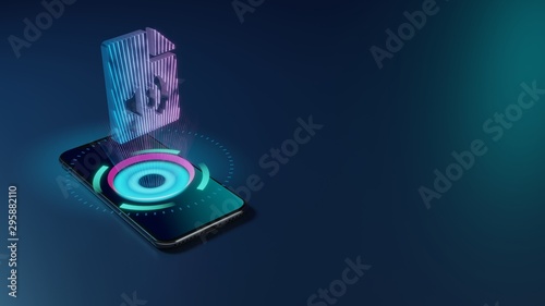 3D rendering neon holographic phone symbol of file audio icon on dark background
