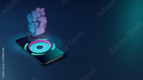 3D rendering neon holographic phone symbol of fist raised icon on dark background