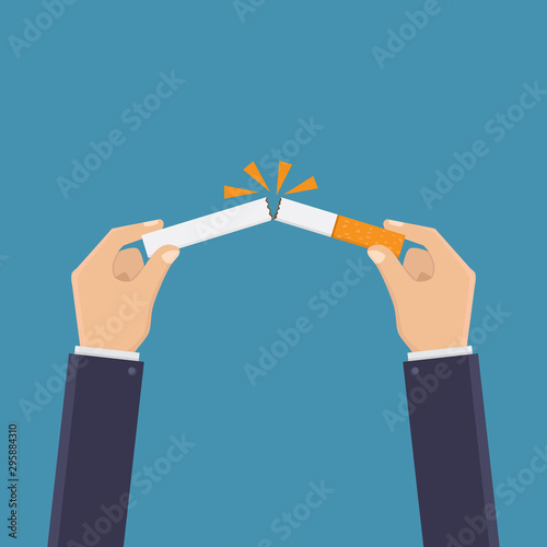Stop smoking, break a cigarette with blue background flat design vector illustration