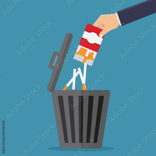 Stop smoking, throw cigarettes in the trash with blue background flat design vector illustration