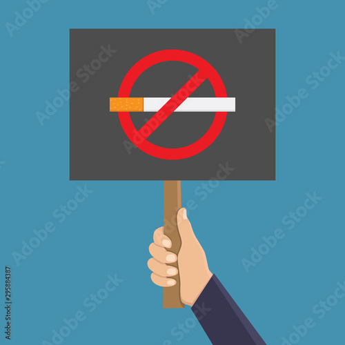 Hand holding signboard to stop smoking with blue background flat design vector illustration