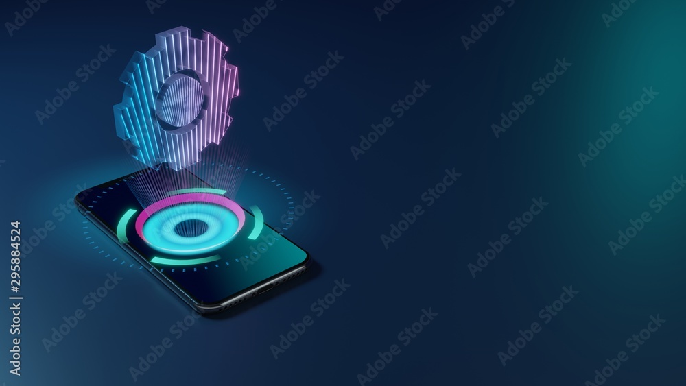 3D rendering neon holographic phone symbol of gear  icon on dark background