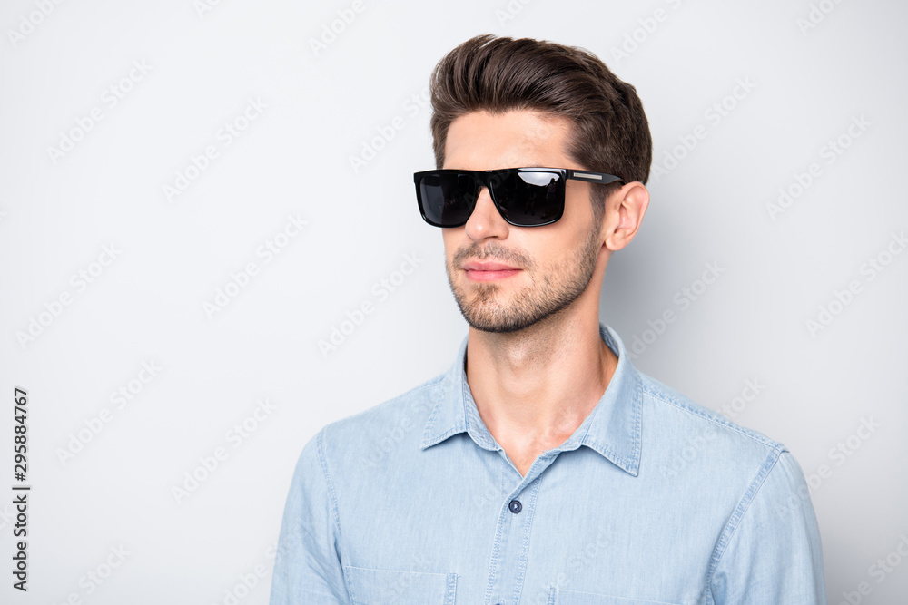 Rich magnificent macho look stare want attract girls rich wealthy entrepreneur have million dollars millionaire wear denim jeans stylish shirt isolated over grey color background