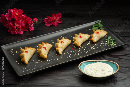 ebi gedza chinese fried dumplings with shrimp and vegetables, served with sauce photo