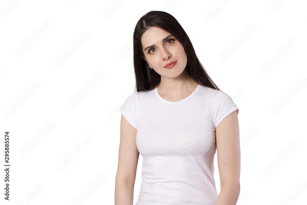 Attractive emotional young woman with a white t-shirt isolated Attractive emotional young woman with a white t-shirt isolated