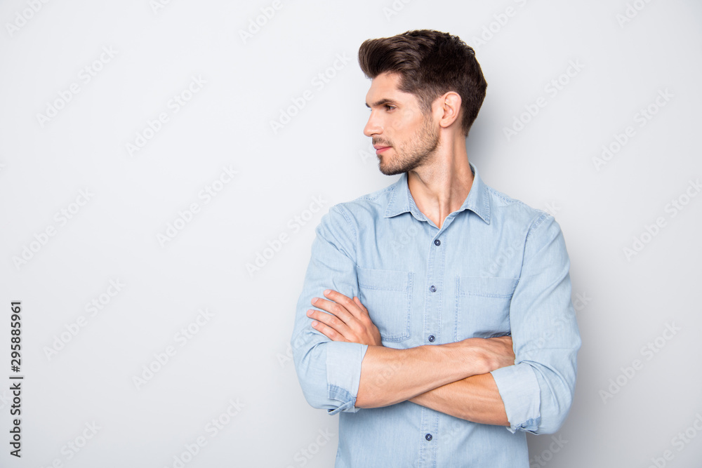 Profile side close up photo of focused confident man look copyspace feel reliable ready to solve problem on enterprise wear denim jeans style outfit isolated over grey color background Profile side close up photo of focused confident man look copyspace feel reliable ready to solve problem on enterprise wear denim jeans style outfit isolated over grey color background