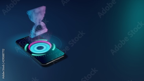 3D rendering neon holographic phone symbol of hourglass start icon on dark background