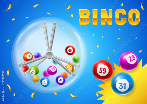 Bingo or lottery card with balls and lotto machine.