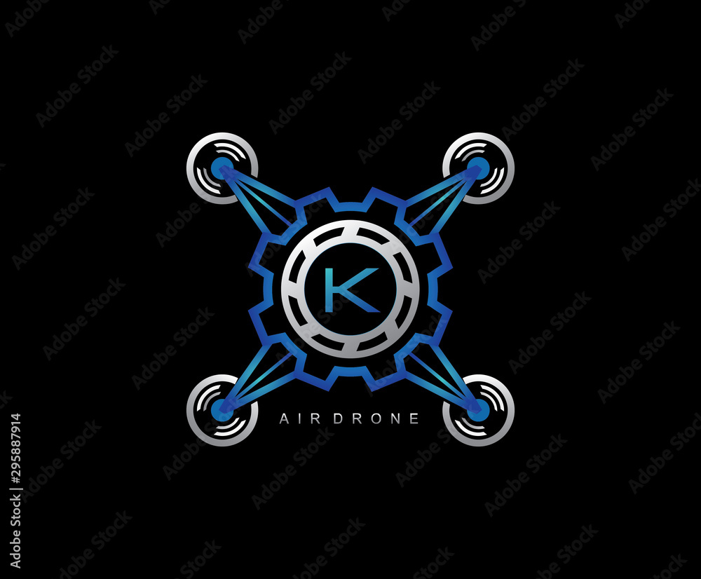 Fototapeta premium Drone Gear Engineering Letter K Logo Design, Flying Gear Drone Vector 