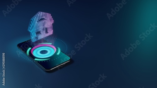 3D rendering neon holographic phone symbol of house icon on dark background