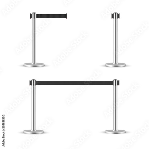 Retractable belt stanchion set. Portable ribbon barrier. black striped hazard fencing tape. Chrome stanchion.