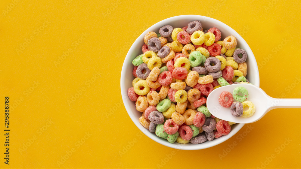 Top view bowl with colorful cereal Top view bowl with colorful cereal