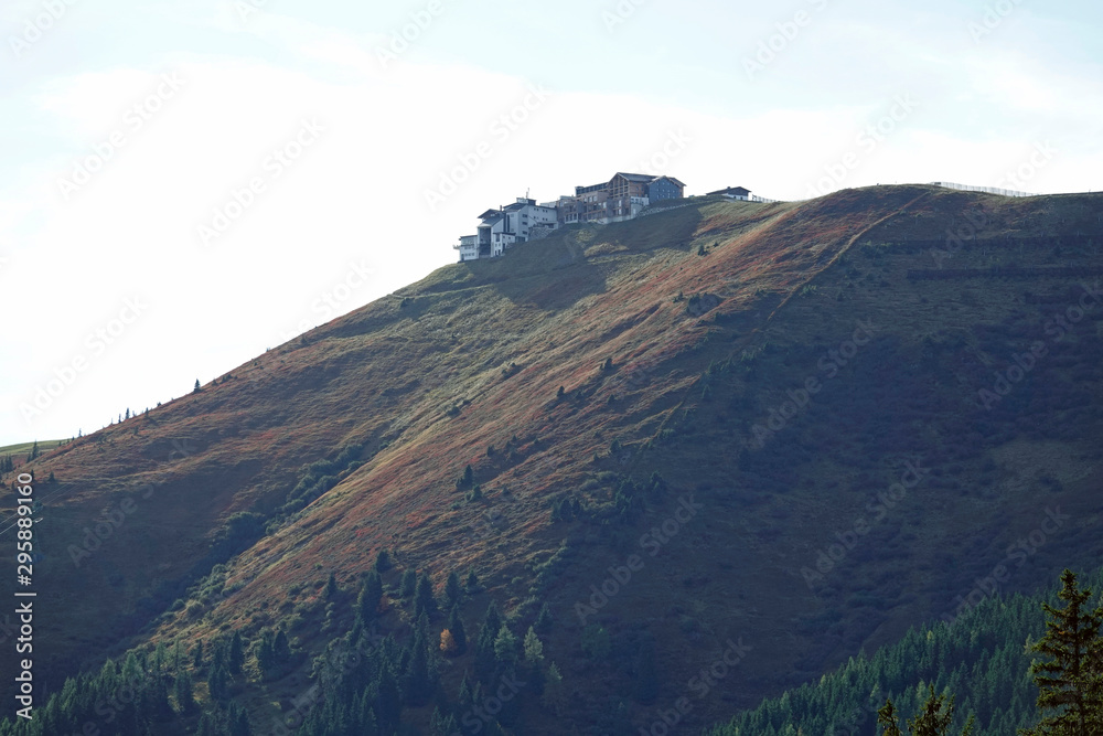 beautiful view with autumn colors to the schmittenhoehe in zell am see austria