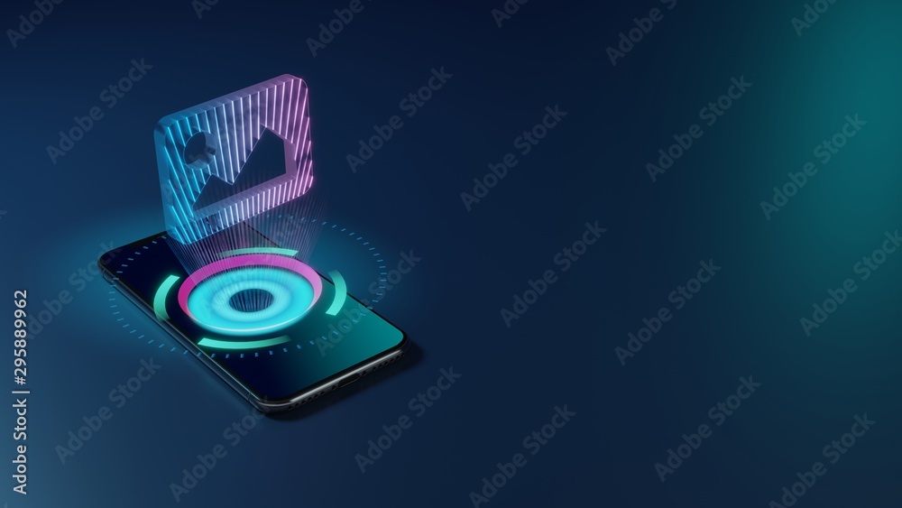 3D rendering neon holographic phone symbol of image icon on dark background