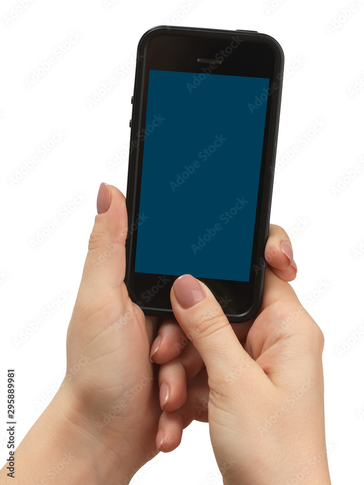 Touch screen mobile phone, in hand on white background