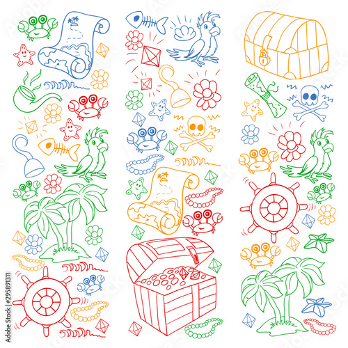 Vector set with pirate elements for birthday party for little children. Kids pattern with octopus  beach  treasure chest  ship