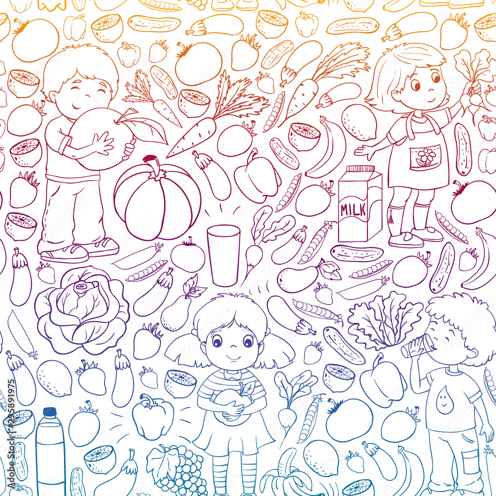 Vector seamless pattern with children eating healthy food. Fruits and vegetables. Kids like milk, dairy products. Pattern for store, mall, menu, cafe, restaurants.