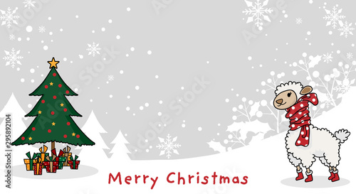 Christmas holidays season background of cute alpaca in winter costume with Christmas tree and gift boxes on snow hill with snowflakes and Merry Christmas text. Vector illustration in doodle style.