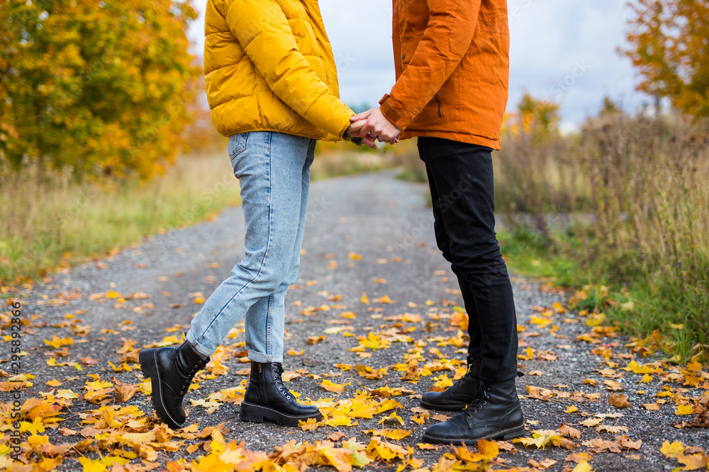 autumn and love concept - close up of young couple posing in autumn park autumn and love concept - close up of young couple posing in autumn park