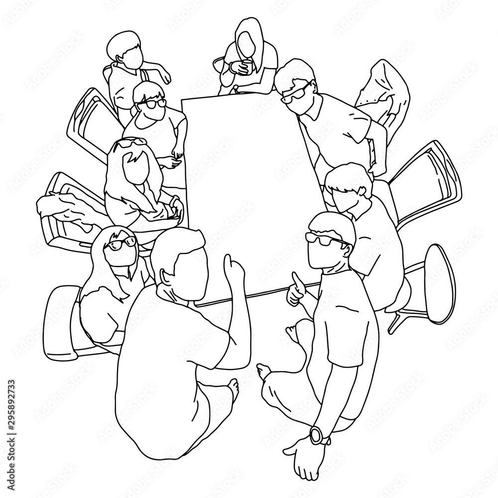 nine people sitting around blank table vector illustration sketch ...