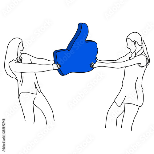 two women scramble for blue like sign vector illustration sketch doodle hand drawn with black lines isolated on white background