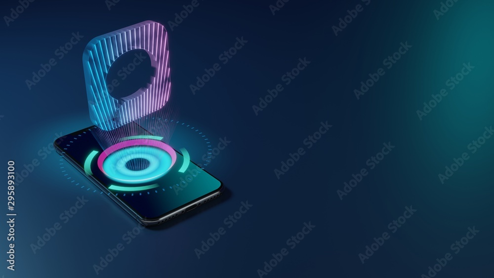 3D rendering neon holographic phone symbol of message icon on dark background