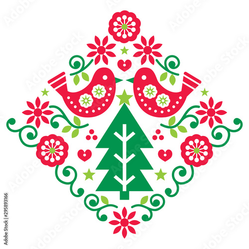 Christmas Scandinavian folk art vector pattern with birds and flowers in red and green, festive Nordic greeting card