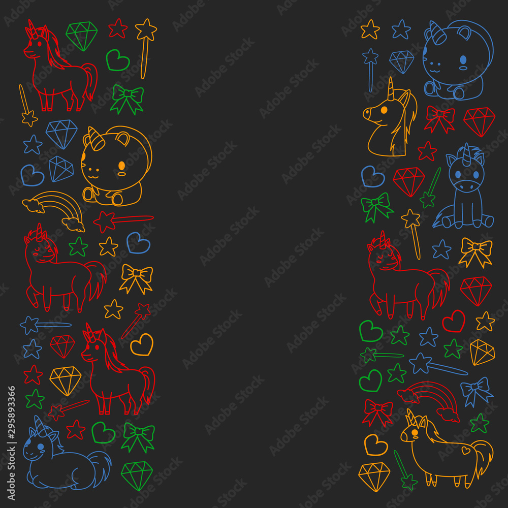 Children pattern with fairy tale unicors for kids clothes, posters, banners, shirts. Vector image with cartoon character. Children pattern with fairy tale unicors for kids clothes, posters, banners, shirts. Vector image with cartoon character.