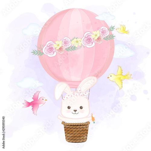 Cute rabbit floating on hot air balloon and birds hand drawn cartoon illustration