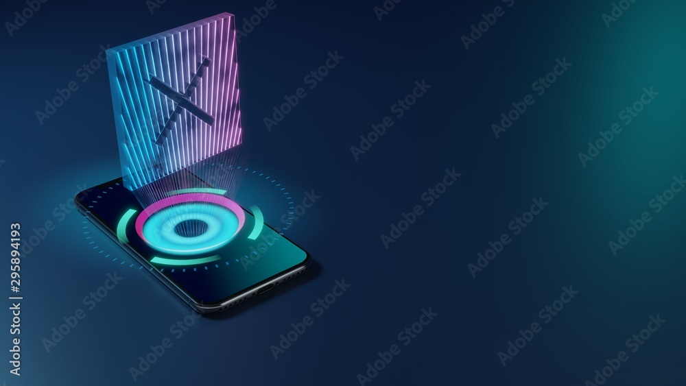 3D rendering neon holographic phone symbol of multiply 1 icon on dark background