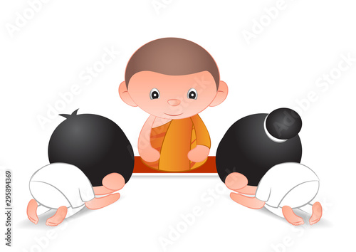 Big bubble head cartoon pay respect to monk,man and woman,vector illustration