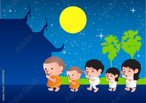 walk with lighted candles in hand around a temple,tradition of Buddhist to pay respect and belief to religion,Big bubble head cartoon,vector illustration