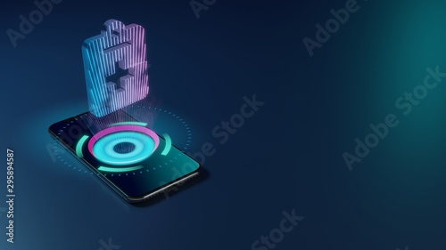 3D rendering neon holographic phone symbol of notes medical icon on dark background