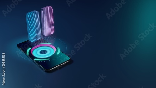 3D rendering neon holographic phone symbol of pause icon on dark background