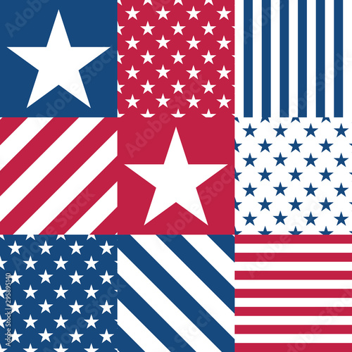 Colorful patchwork of American flag. USA patriotic background. Vector  seamless pattern.  
