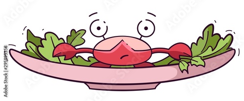 Cute crab trying to get out from a meal. Vegan activism illustration