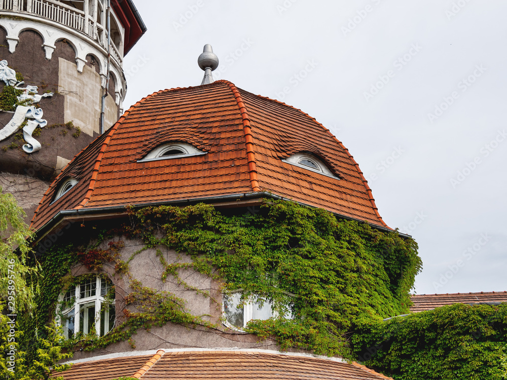 Tiled roof of Water tower and the adjoining rotundal building of the water-and-mud baths. It wa built in Rauschen, now Svetlogorsk.